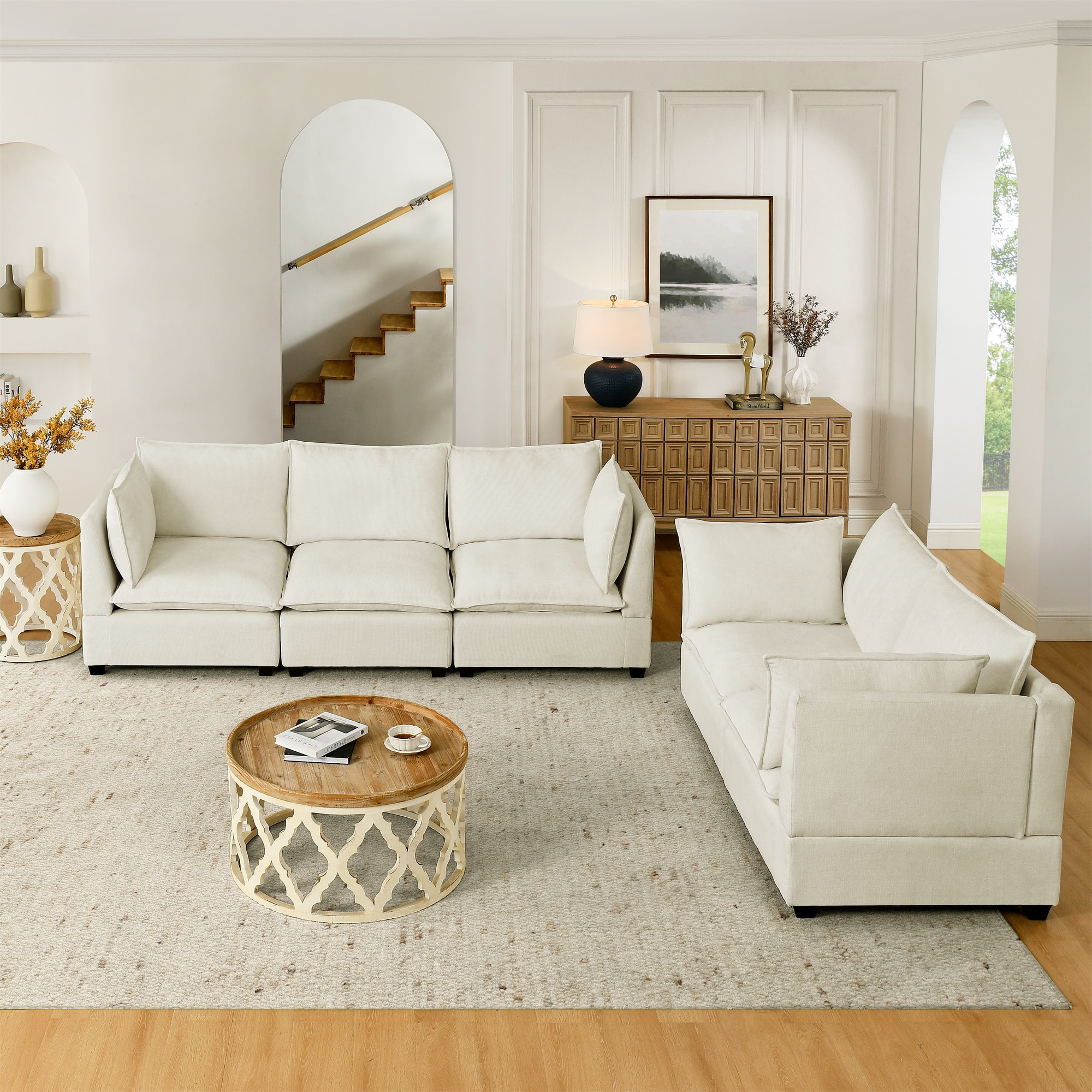 2-Piece Chenille Fabric Upholstered Living Room Furniture Set, Including 3-Seater Sofa and Loveseat Sofa with Seat and Back Cushion(Beige White) 